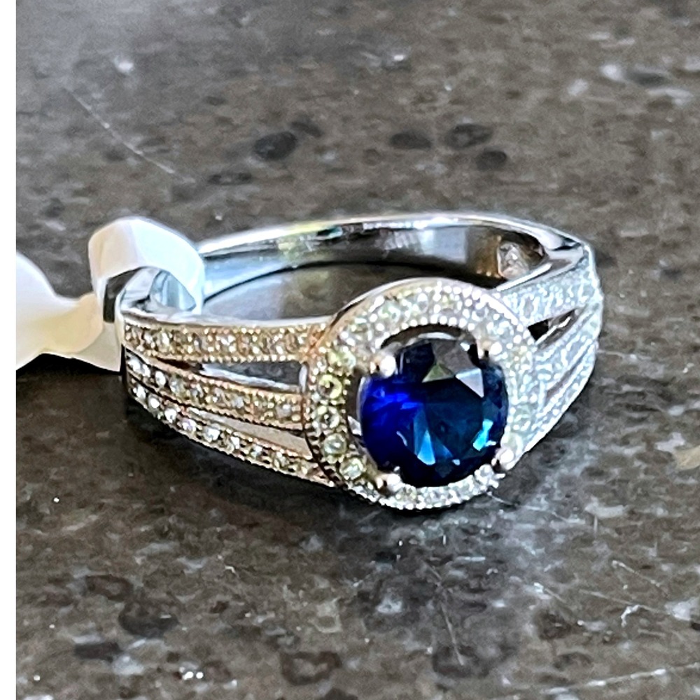 Sterling‎ Silver Blue Sapphire-Colored Stone Ring w/ Pave Accents, Size 7